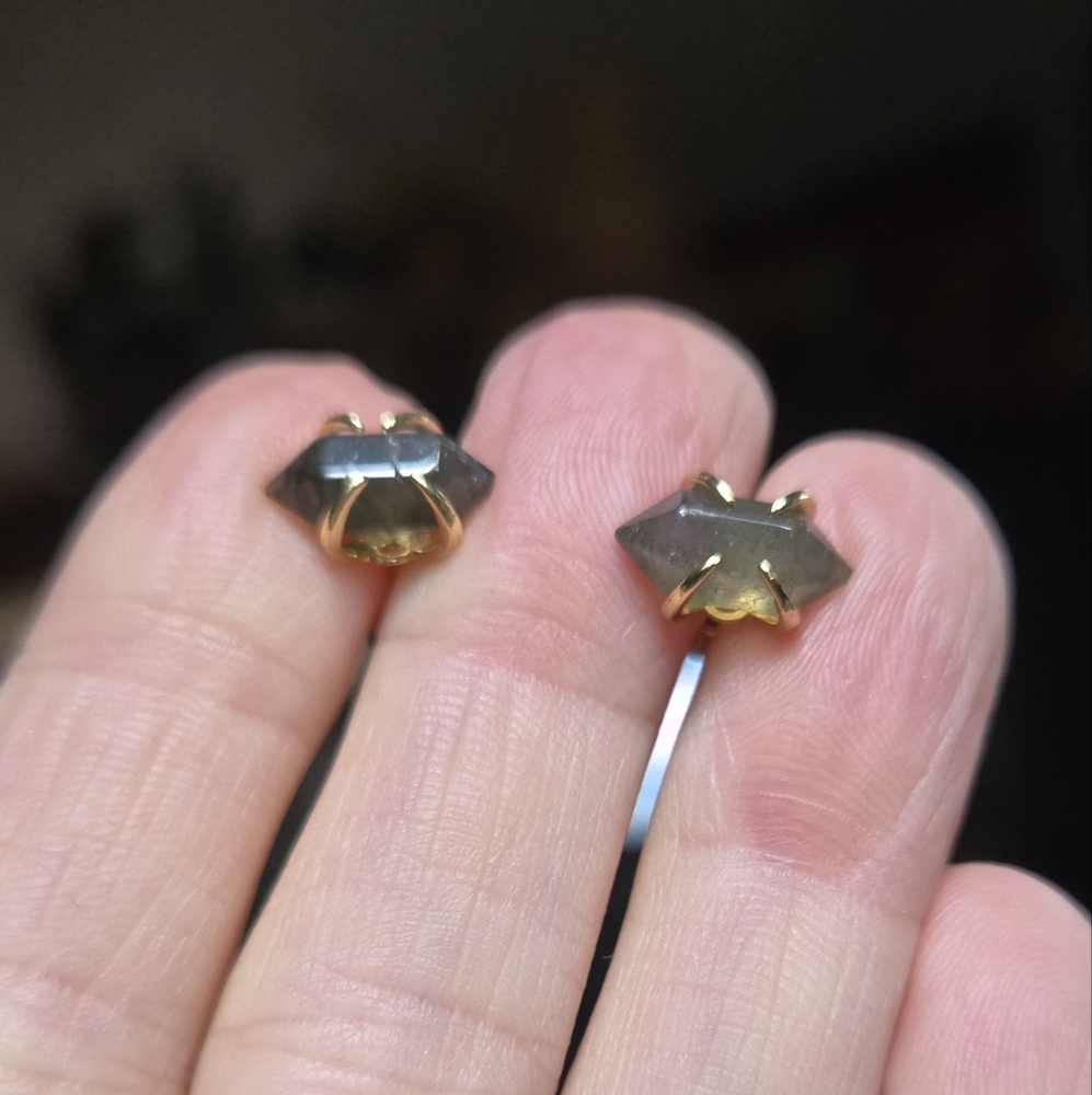 Labradorite Natural 4k Point Sterling & Gold Earrings - Picture 4 of 10